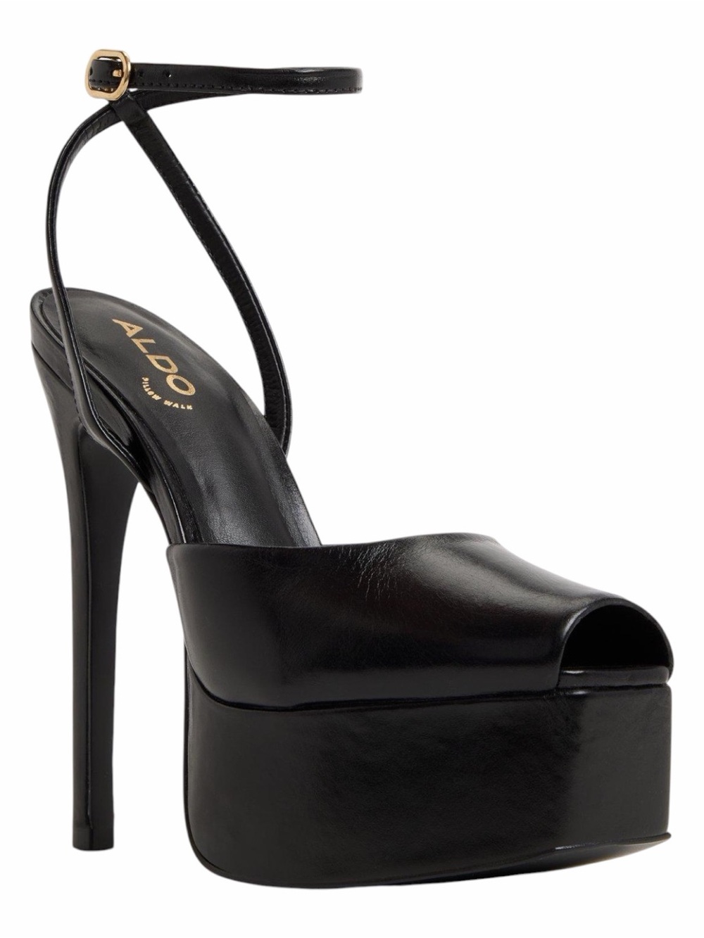 ALDO Black Thalina Leather Platform Stiletto Peep-Toe Heel with Ankle Strap